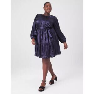 NWT Lane Bryant Long Blouson‎ Sleeve Crew Satin Tiered Mini Dress Navy Blue 18